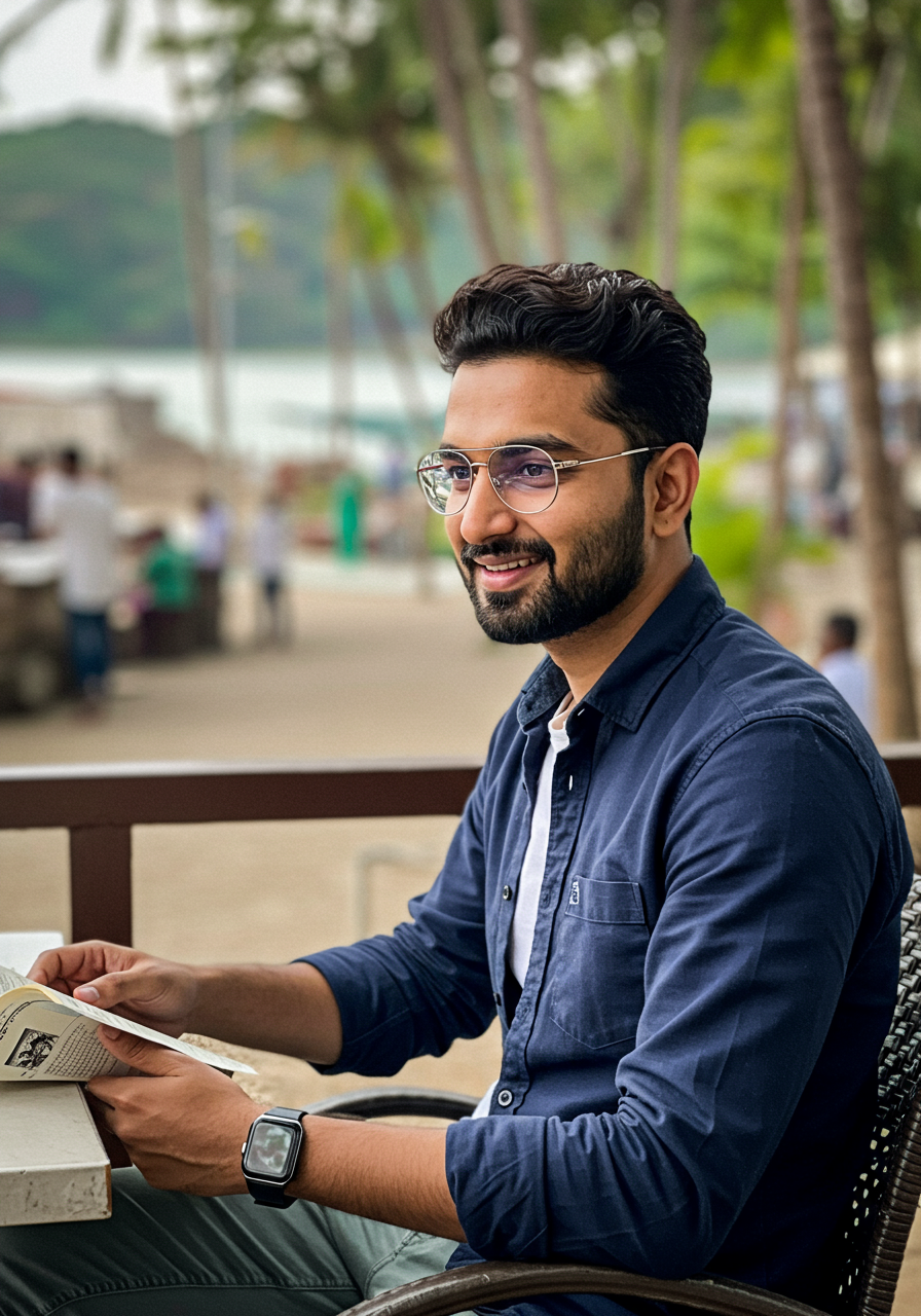 Man with glasses and a navy shirt sitting outdoors reading a book with a smile.