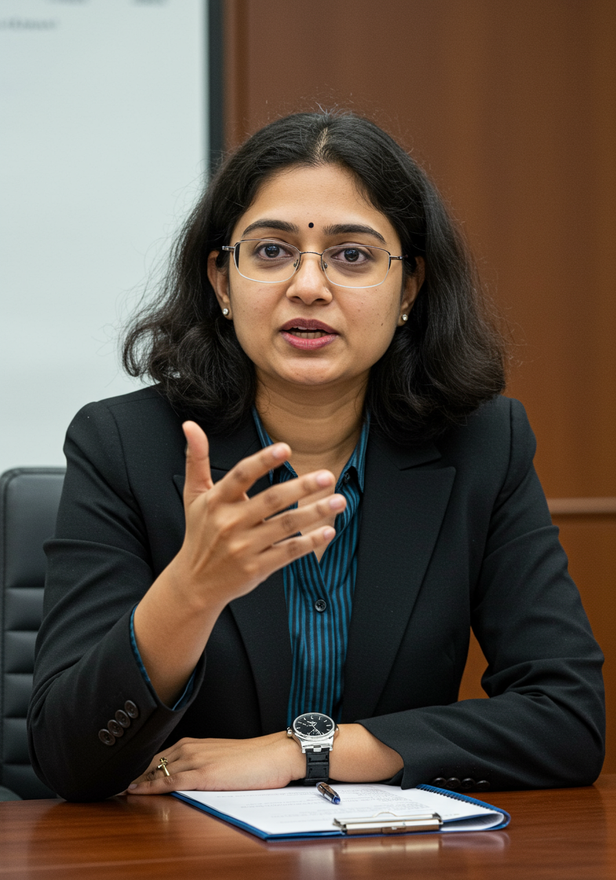 Focused woman with glasses and black blazer speaking while seated at table with documents and pen.