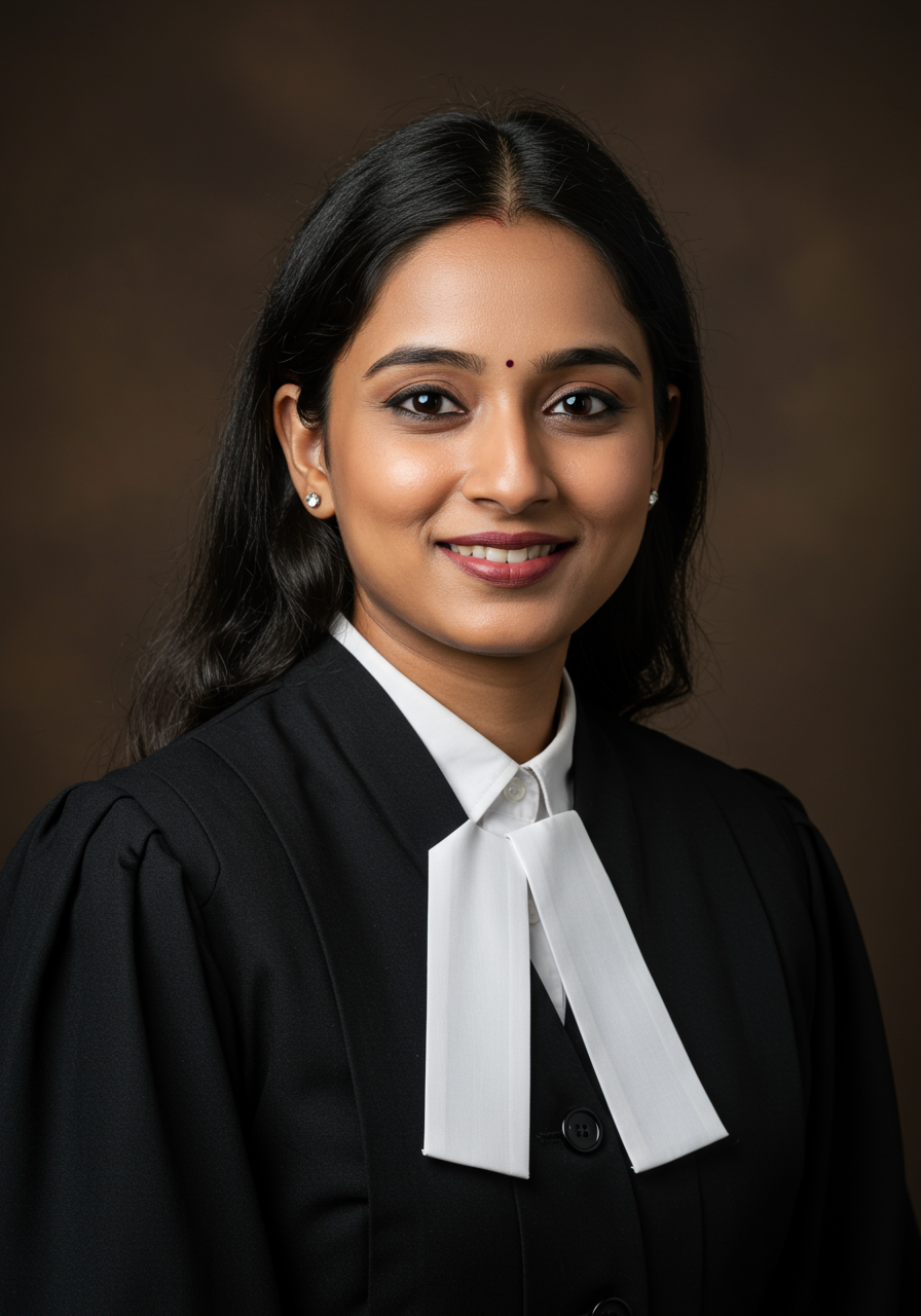 Portrait of a smiling woman lawyer with black hair wearing a black robe and white neck bands against a brown background.